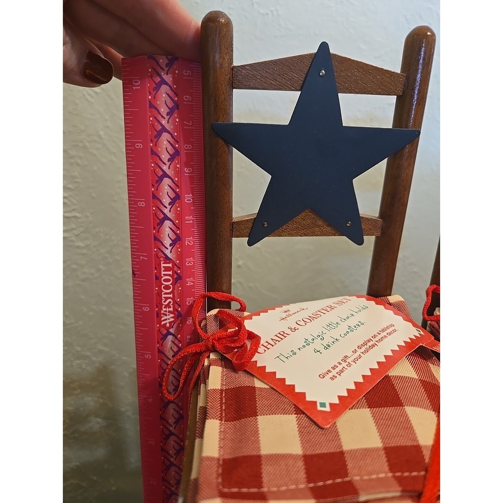 Set of 2 - Hallmark Chair & 4 Coaster Set Americana Blue Star Gingham Wooden - Picture 3 of 3